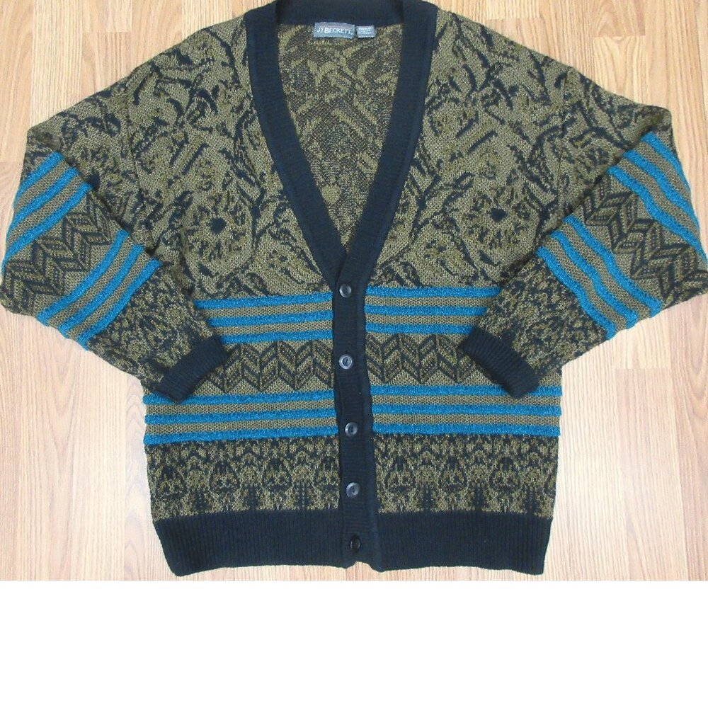 VTG J.T. BECKETT ACRYLIC CARDIGAN BLACK/BROWN/TEAL Sz LARGE, L